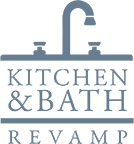 A green background with the words kitchen and bath revamp in blue.