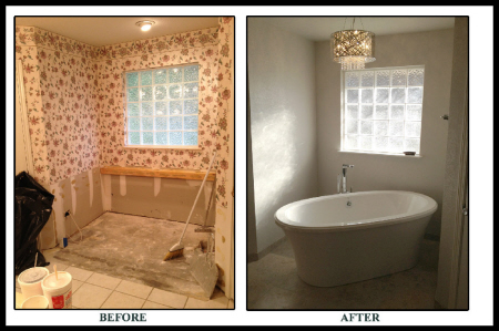 A before and after picture of a bathroom.